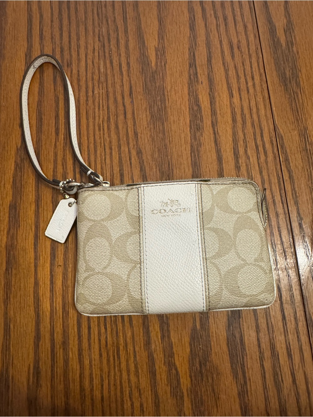 Coach Signature Wristlet Zip Wallet Khaki/Beige w/ Wrist Strap Card Slots